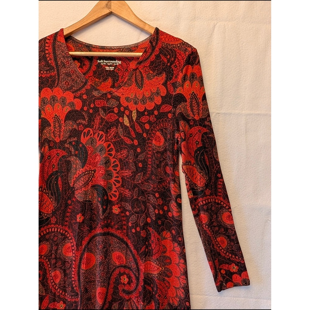 Soft Surroundings Red Black Paisley Floral V-Neck Midi Dress Petite XS 3BN36 - Picture 6 of 12